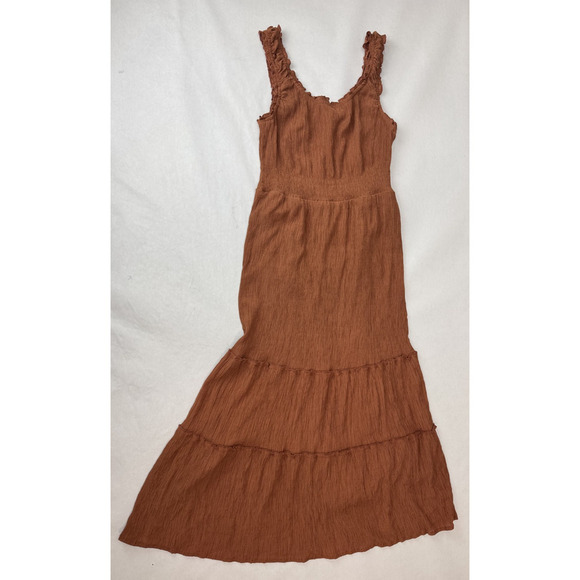 Lucky Brand Boho Maxi Dress Ruffle Prairie Tiers Burnt Orange Gauze Rayon Small - Picture 3 of 9